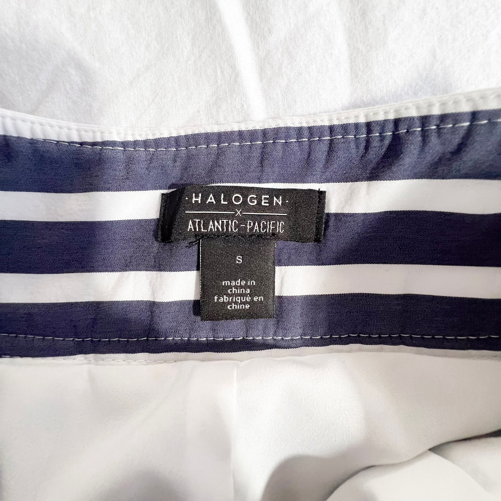 Halogen x Atlantic-Pacific Navy/White Striped A Line Midi Skirt Sz S Coastal - Picture 5 of 9